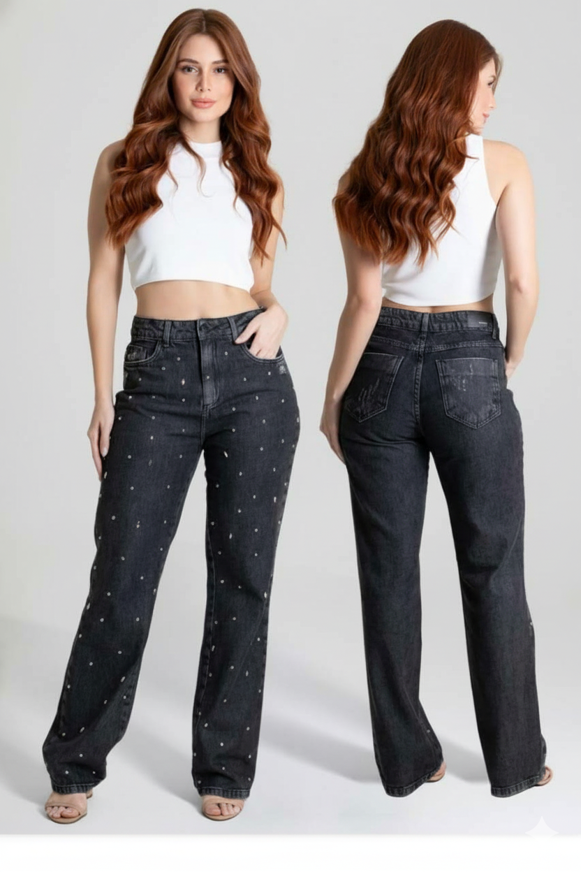 Calça Jeans Sawary Preta C/ Brilho