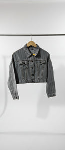 Jaqueta Jeans Sawary Cropped – Cinza Mesclado com Listras