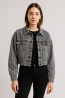 Jaqueta Jeans Sawary Cropped – Cinza Mesclado com Listras